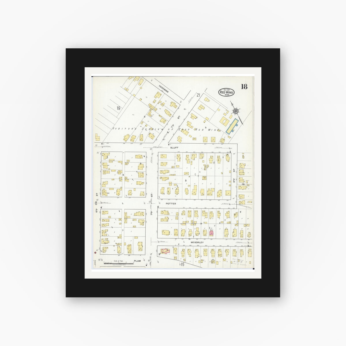 Old map wall art mockup — black gallery frame with white mat — Sanborn Fire Insurance Map from Red Wing, Goodhue County, Minnesota (1917), Sheet #0018