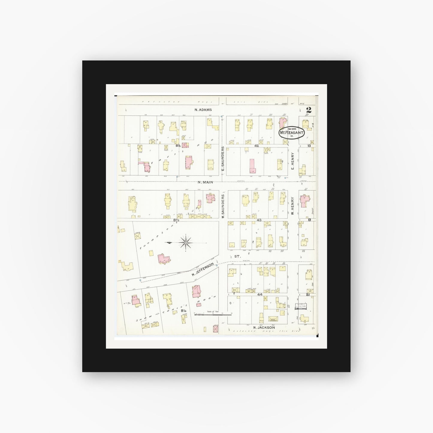 Old map wall art mockup — black gallery frame with white mat — Sanborn Fire Insurance Map from Mount Pleasant, Henry County, Iowa (1892), Sheet #0002