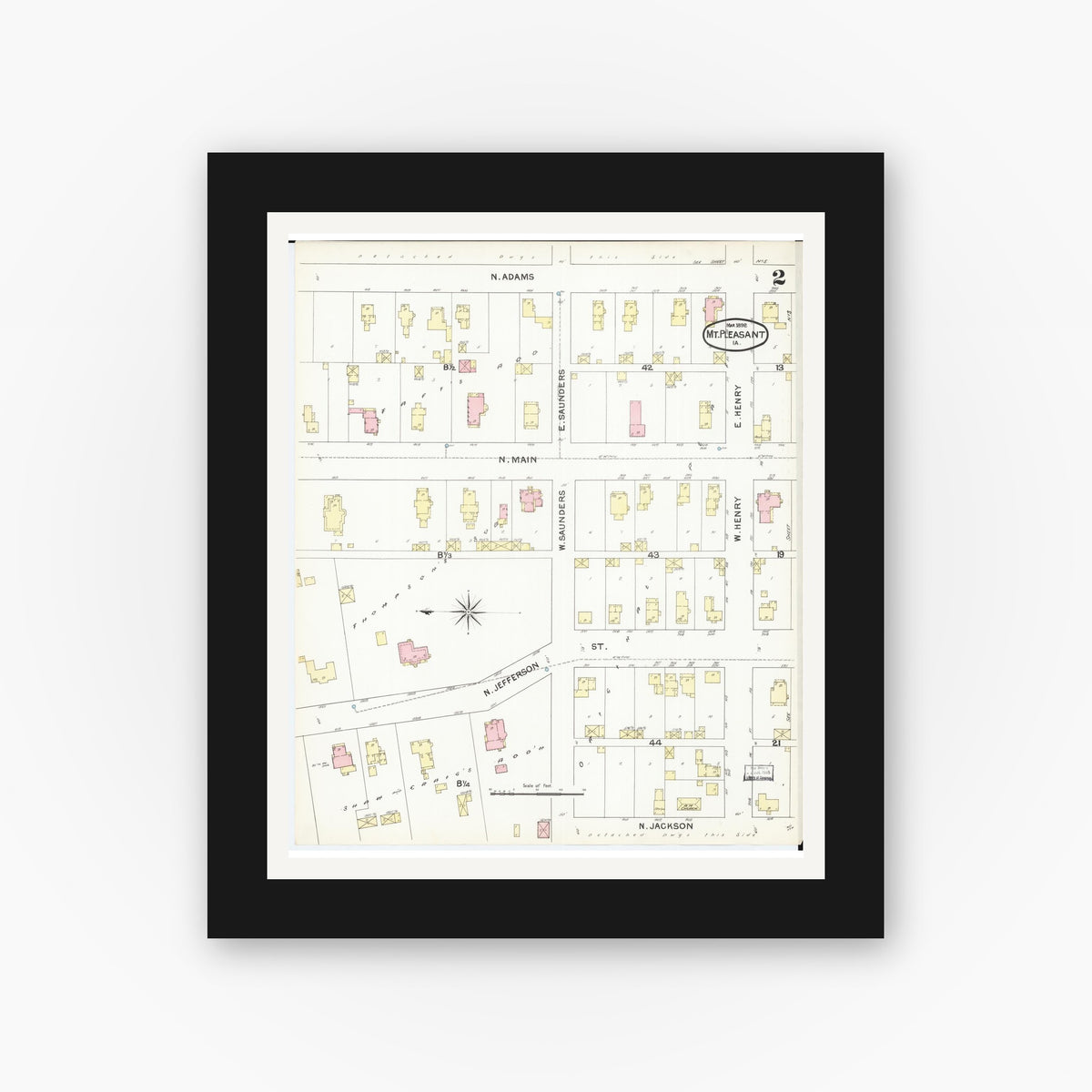 Old map wall art mockup — black gallery frame with white mat — Sanborn Fire Insurance Map from Mount Pleasant, Henry County, Iowa (1892), Sheet #0002