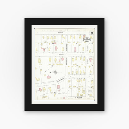 Old map wall art mockup — black gallery frame with white mat — Sanborn Fire Insurance Map from Mount Pleasant, Henry County, Iowa (1892), Sheet #0002