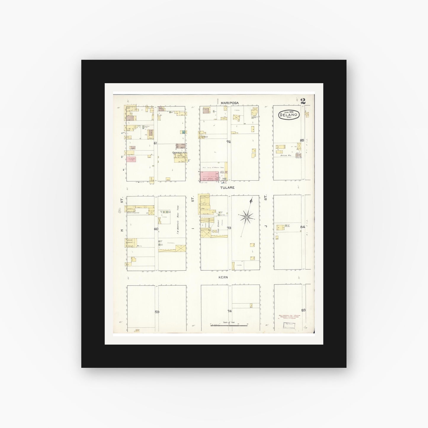 Old map wall art mockup — black gallery frame with white mat — Sanborn Fire Insurance Map from Delano, Kern County, California (1892), Sheet #0002