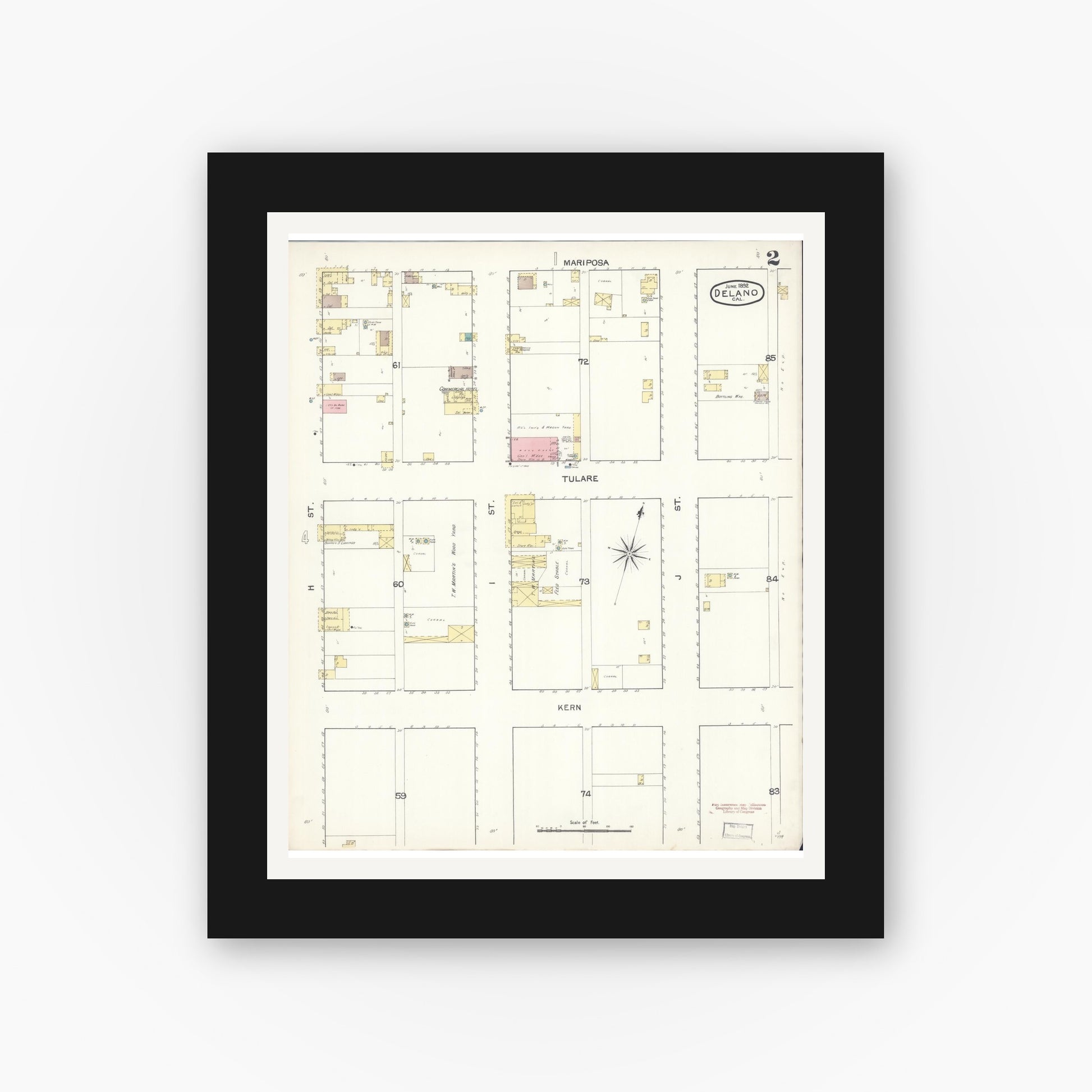 Old map wall art mockup — black gallery frame with white mat — Sanborn Fire Insurance Map from Delano, Kern County, California (1892), Sheet #0002