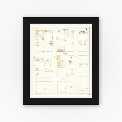 Old map wall art mockup — black gallery frame with white mat — Sanborn Fire Insurance Map from Delano, Kern County, California (1892), Sheet #0002