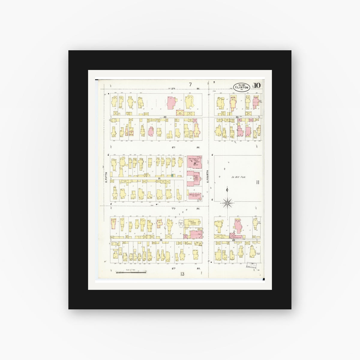 Old map wall art mockup — black gallery frame with white mat — Sanborn Fire Insurance Map from Clinton, Clinton County, Iowa (1897), Sheet #0010