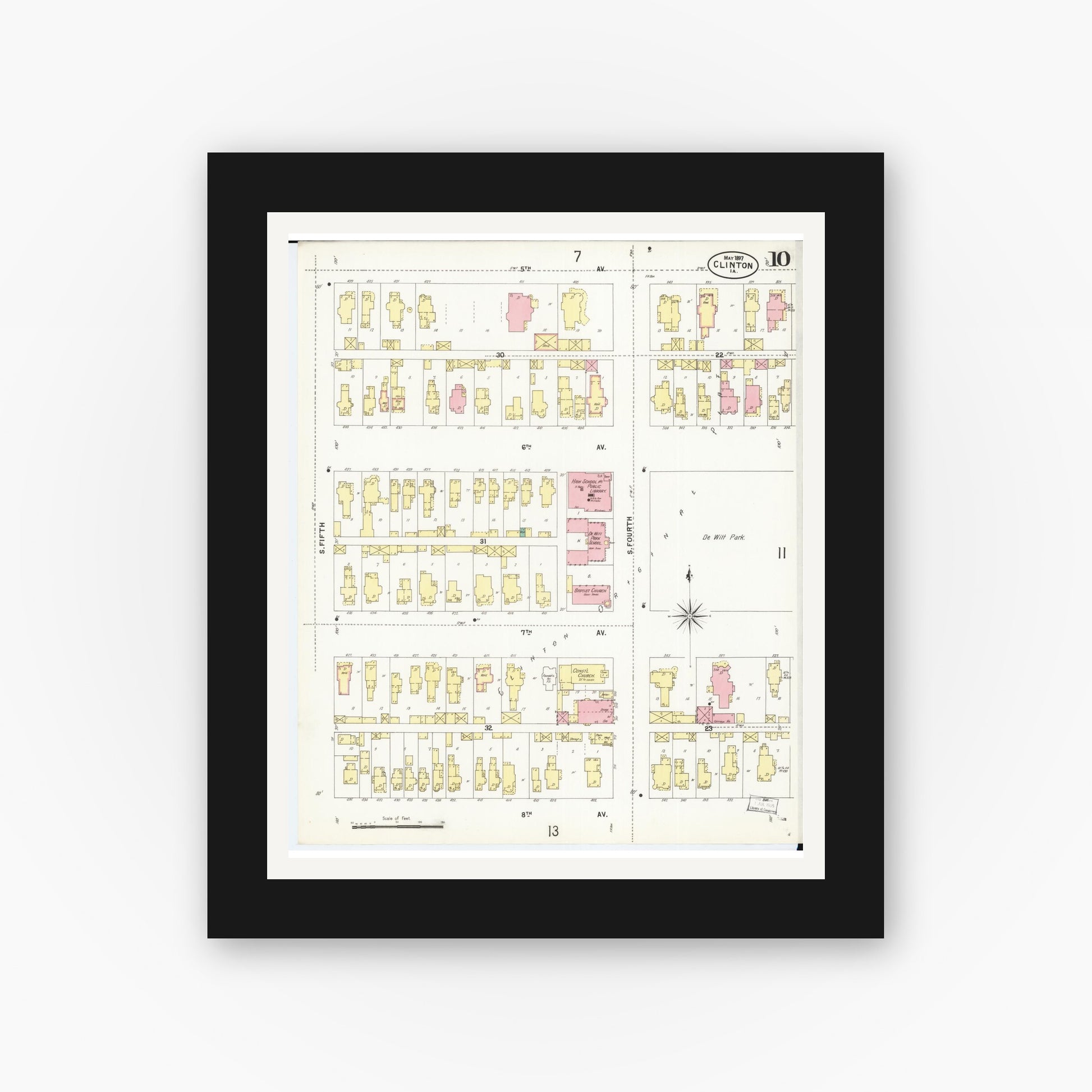 Old map wall art mockup — black gallery frame with white mat — Sanborn Fire Insurance Map from Clinton, Clinton County, Iowa (1897), Sheet #0010