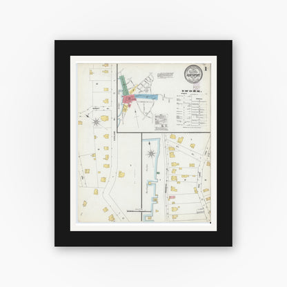 Old map wall art mockup — black gallery frame with white mat — Sanborn Fire Insurance Map from Northport, Suffolk County, New York (1902), Sheet #0001