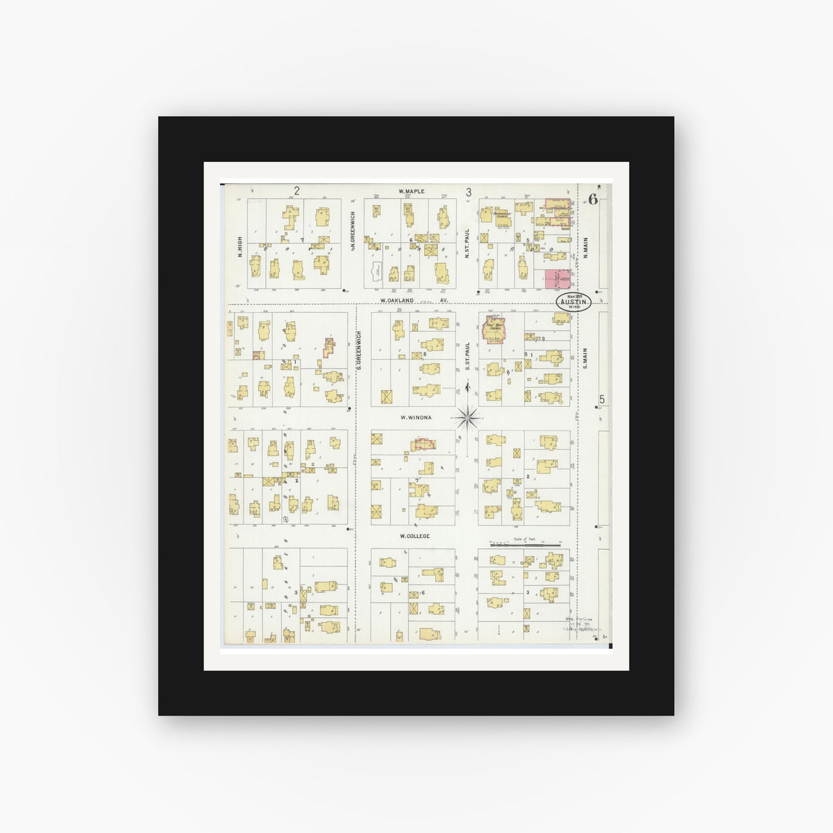 Old map wall art mockup — black gallery frame with white mat — Sanborn Fire Insurance Map from Austin, Mower County, Minnesota (1899), Sheet #0006