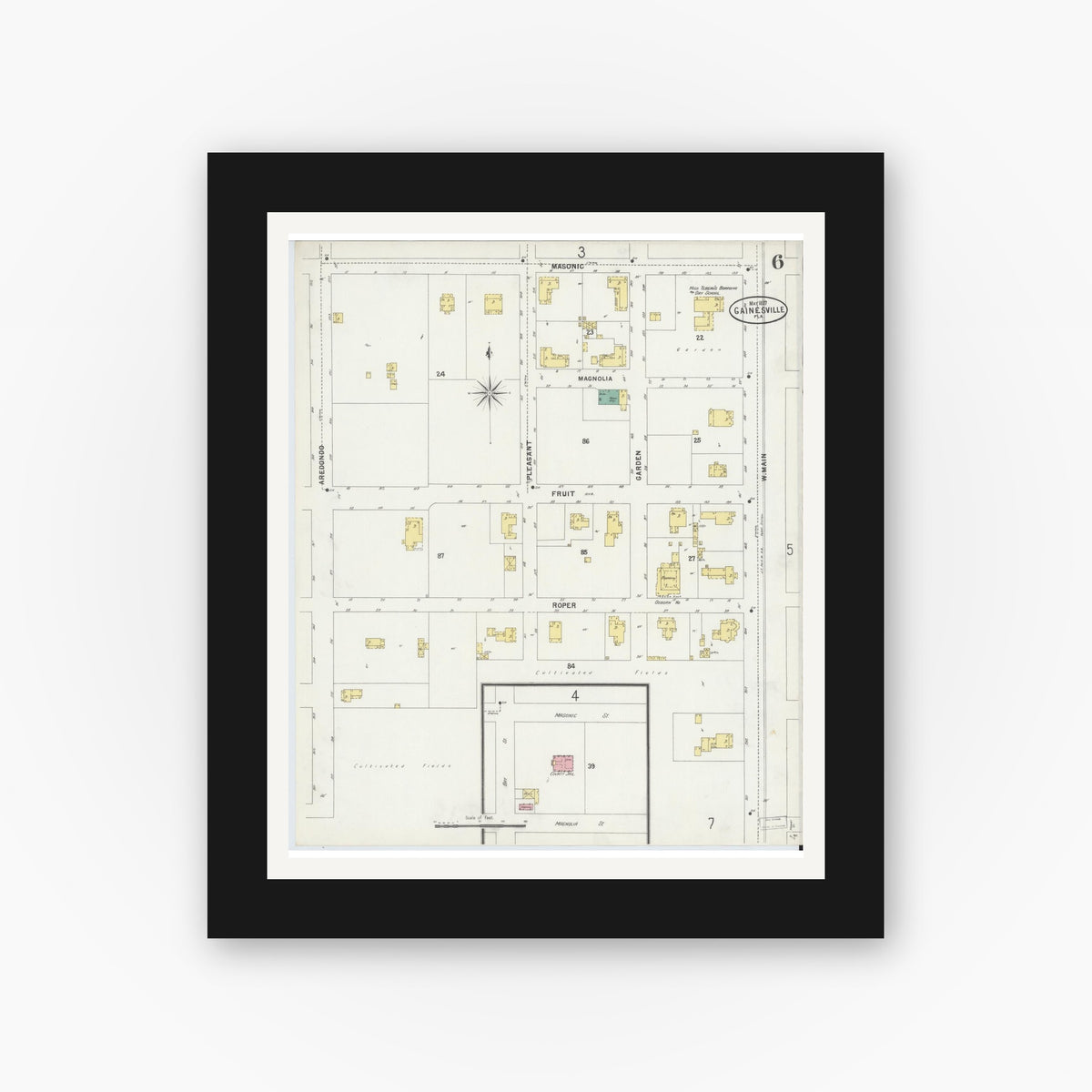 Old map wall art mockup — black gallery frame with white mat — Sanborn Fire Insurance Map from Gainesville, Alachua County, Florida (1897), Sheet #0006