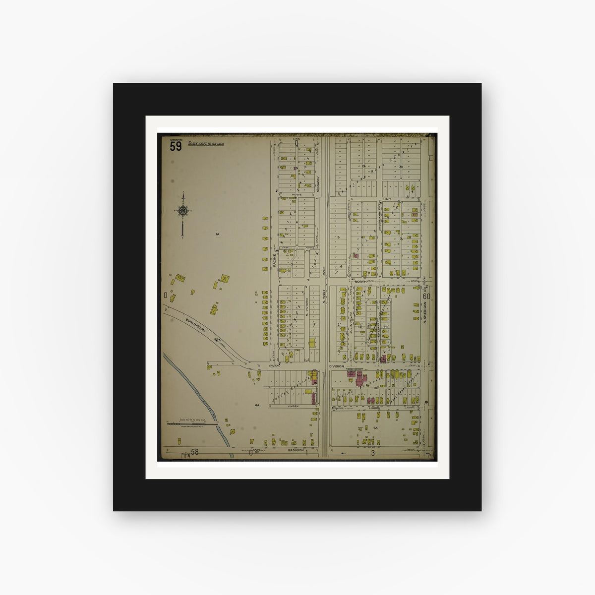 Old map wall art mockup — black gallery frame with white mat — Sanborn Fire Insurance Map from Kenosha, Kenosha County, Wisconsin. (1918), Sheet 63