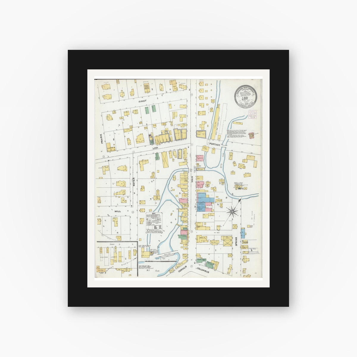 Old map wall art mockup — black gallery frame with white mat — Sanborn Fire Insurance Map from Lodi, Columbia County, Wisconsin (1904), Sheet #0001