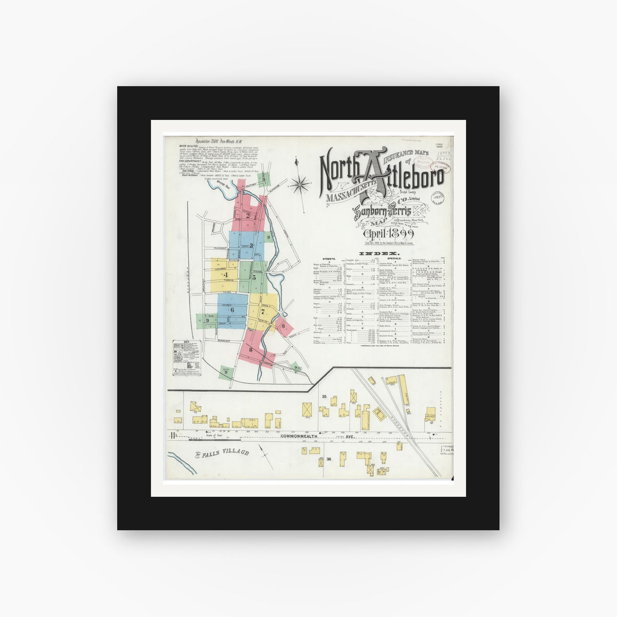 Old map wall art mockup — black gallery frame with white mat — Sanborn Fire Insurance Map from North Attleborough, Bristol County, Massachusetts (1899), Sheet #0001