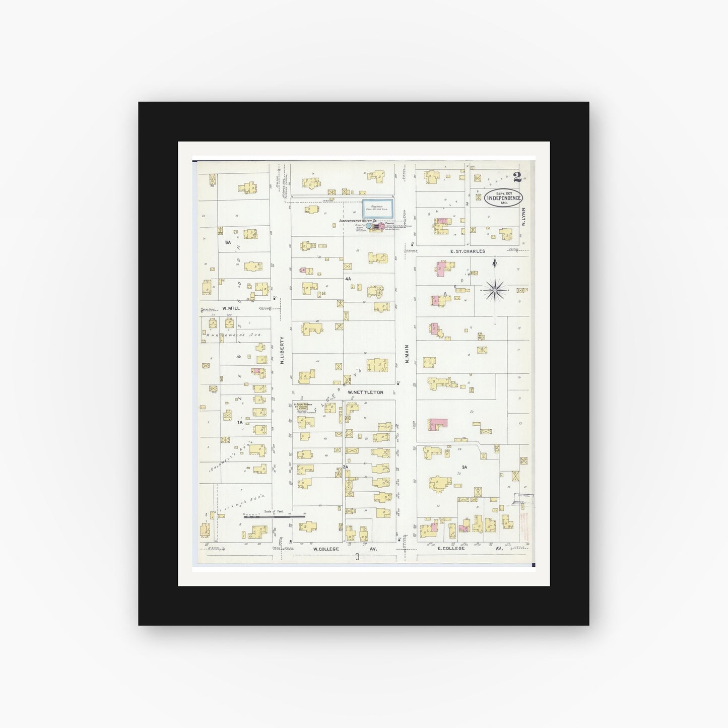 Old map wall art mockup — black gallery frame with white mat — Sanborn Fire Insurance Map from Independence, Jackson County, Missouri (1907), Sheet #0002