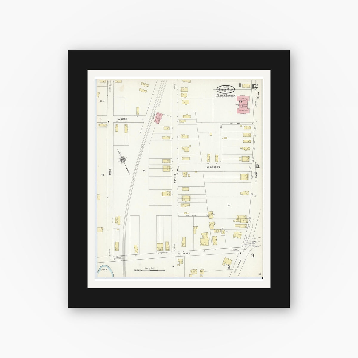 Old map wall art mockup — black gallery frame with white mat — Sanborn Fire Insurance Map from Miners Mills, Luzerne County, Pennsylvania (1911), Sheet #0012