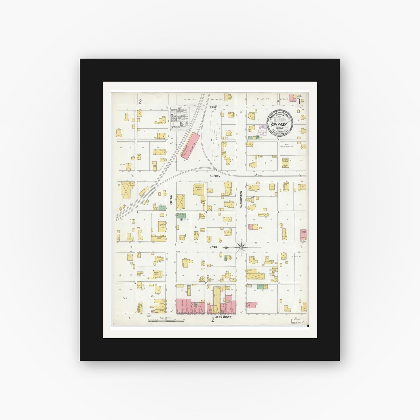 Old map wall art mockup — black gallery frame with white mat — Sanborn Fire Insurance Map from Orleans, Orange County, Indiana (1902) - Complete Map Set