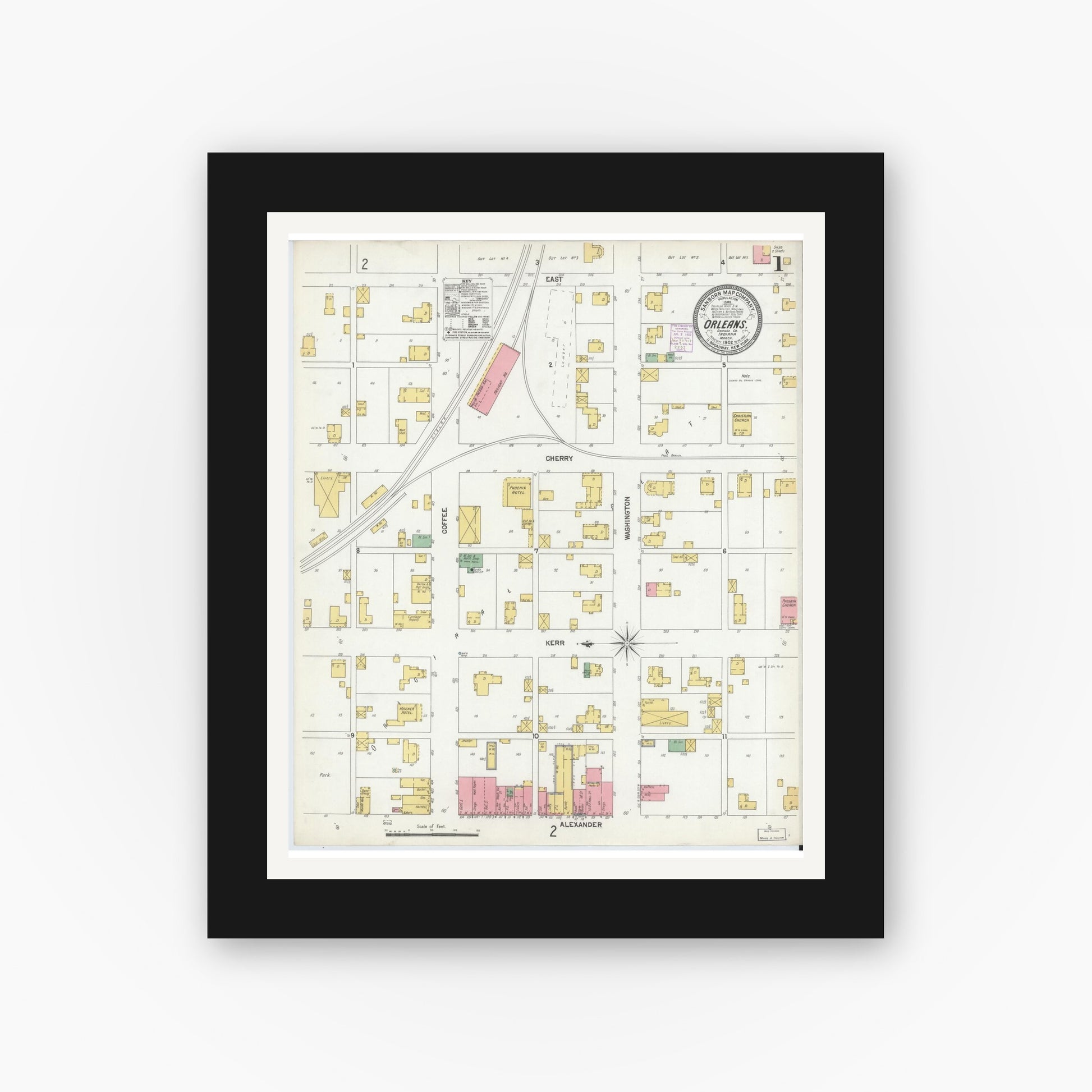 Old map wall art mockup — black gallery frame with white mat — Sanborn Fire Insurance Map from Orleans, Orange County, Indiana (1902) - Complete Map Set