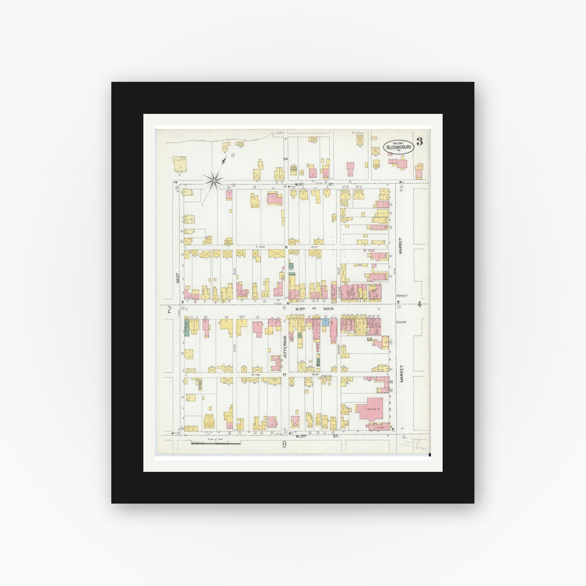 Old map wall art mockup — black gallery frame with white mat — Sanborn Fire Insurance Map from Bloomsburg, Columbia County, Pennsylvania (1901), Sheet #0003