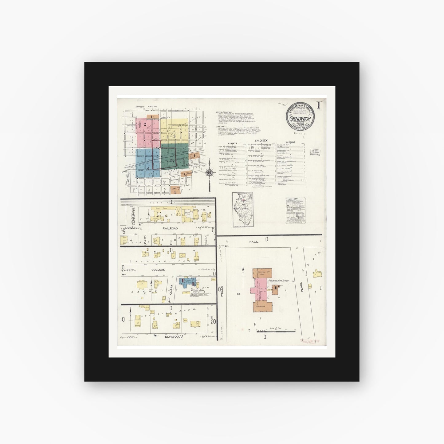 Old map wall art mockup — black gallery frame with white mat — Sanborn Fire Insurance Map from Sandwich, De Kalb County, Illinois (1921) - Complete Map Set