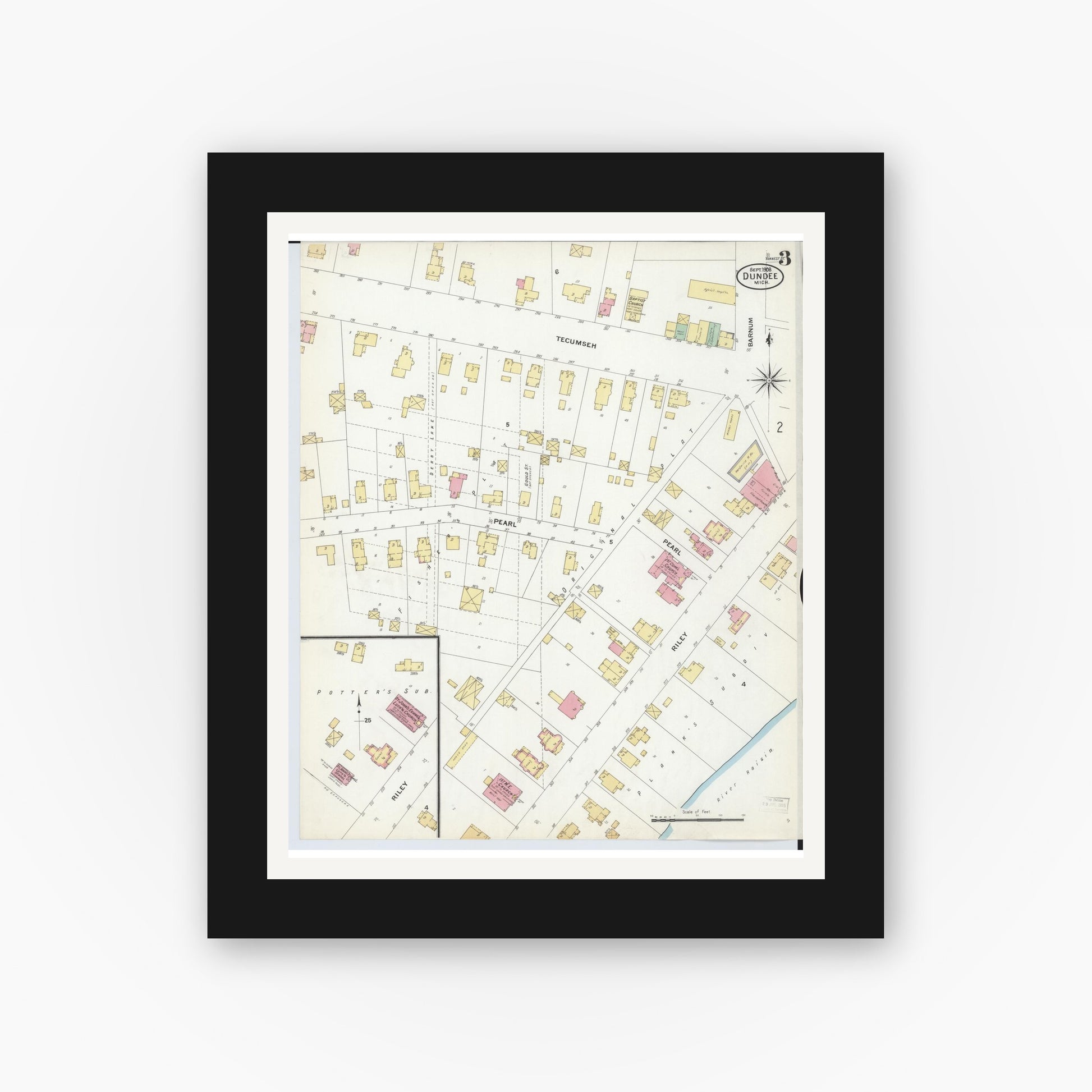 Old map wall art mockup — black gallery frame with white mat — Sanborn Fire Insurance Map from Dundee, Monroe County, Michigan (1908), Sheet #0003