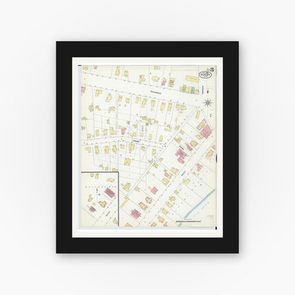 Old map wall art mockup — black gallery frame with white mat — Sanborn Fire Insurance Map from Dundee, Monroe County, Michigan (1908), Sheet #0003