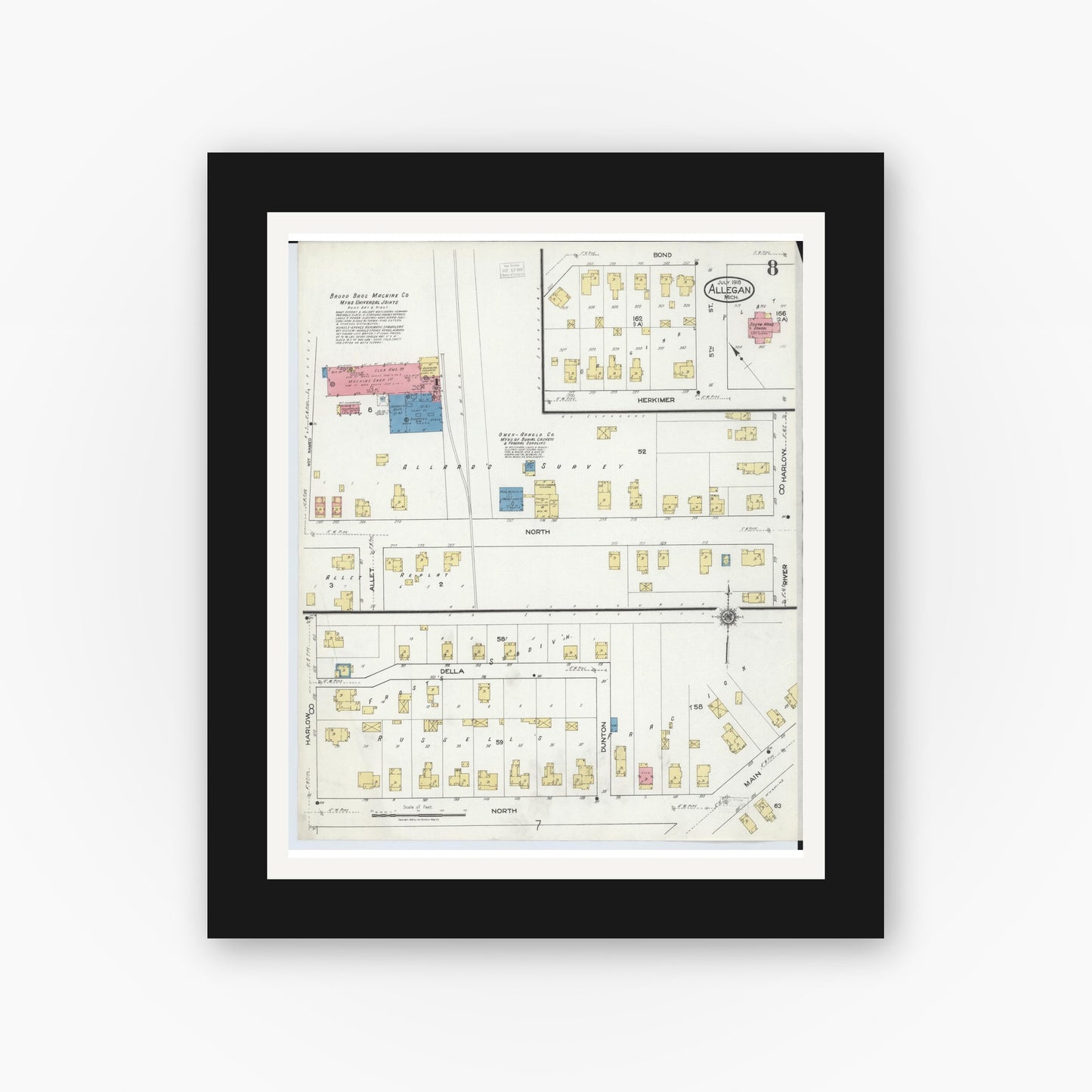 Old map wall art mockup — black gallery frame with white mat — Sanborn Fire Insurance Map from Allegan, Allegan County, Michigan (1918), Sheet #0008
