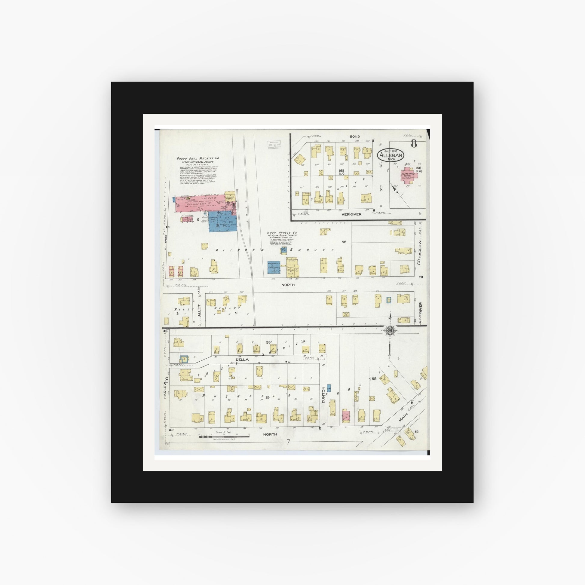 Old map wall art mockup — black gallery frame with white mat — Sanborn Fire Insurance Map from Allegan, Allegan County, Michigan (1918), Sheet #0008