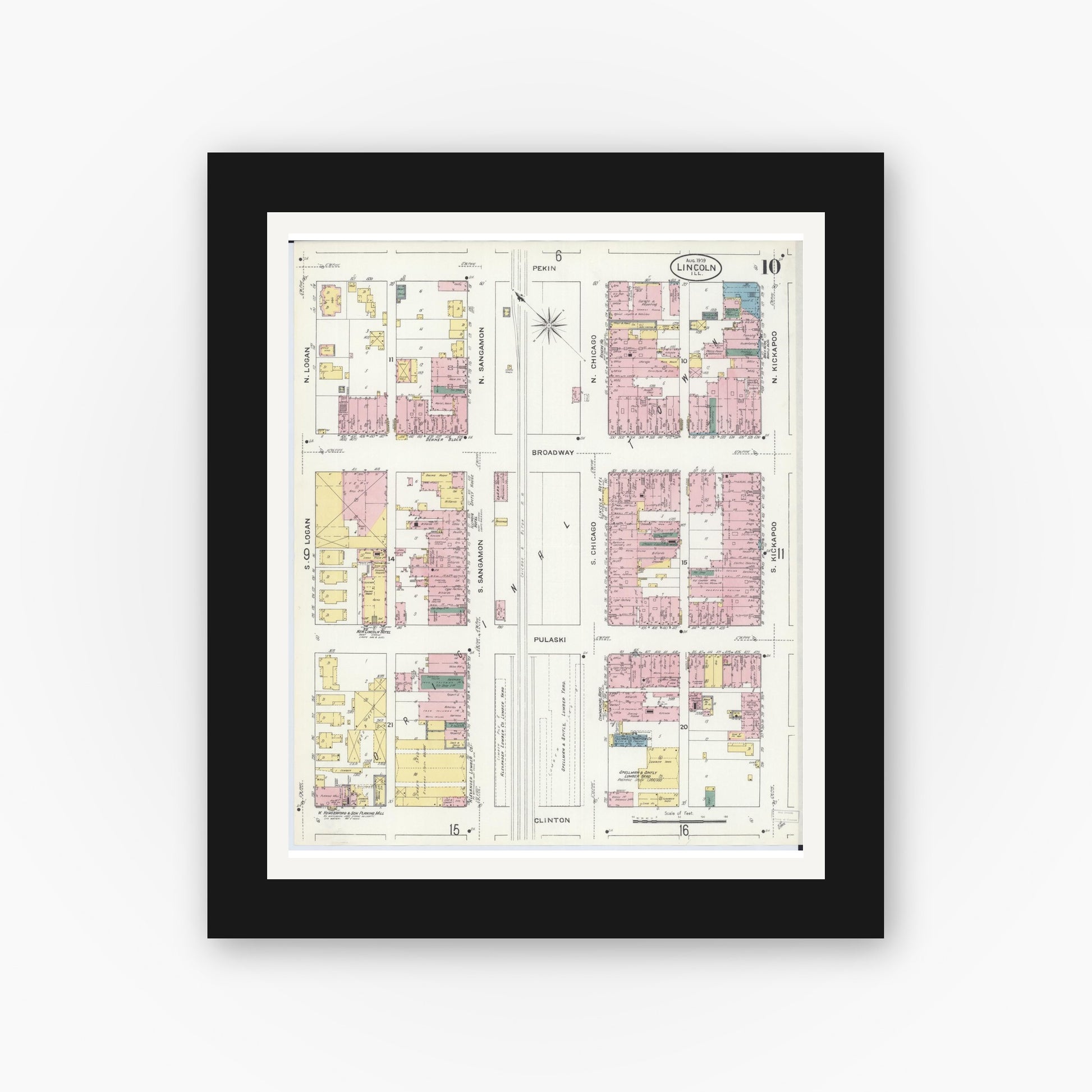 Old map wall art mockup — black gallery frame with white mat — Sanborn Fire Insurance Map from Lincoln, Logan County, Illinois (1909), Sheet #0010