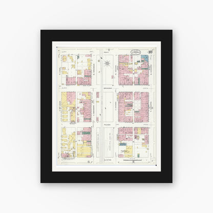 Old map wall art mockup — black gallery frame with white mat — Sanborn Fire Insurance Map from Lincoln, Logan County, Illinois (1909), Sheet #0010