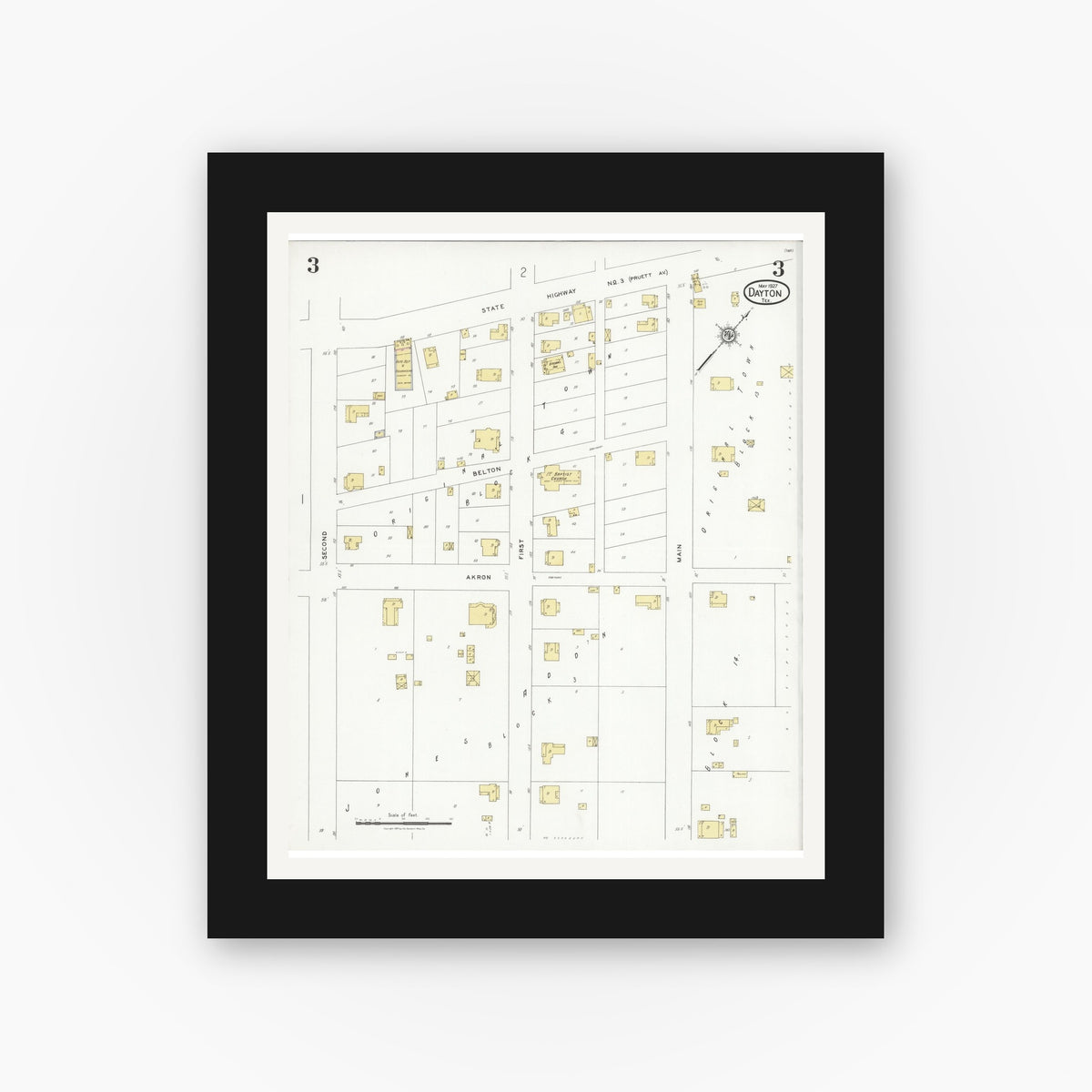 Old map wall art mockup — black gallery frame with white mat — Sanborn Fire Insurance Map from Dayton, Liberty County, Texas (1927), Sheet #0003