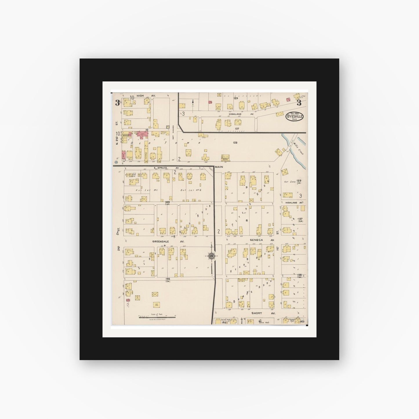 Old map wall art mockup — black gallery frame with white mat — Sanborn Fire Insurance Map from Byesville, Guernsey County, Ohio (1922), Sheet #0003