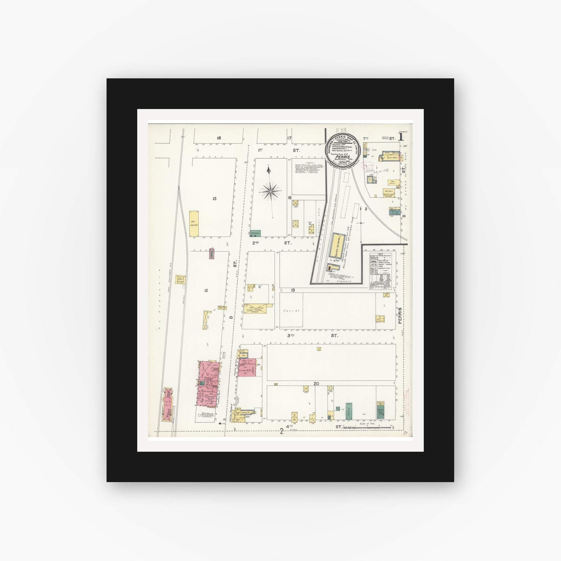 Old map wall art mockup — black gallery frame with white mat — Sanborn Fire Insurance Map from Perris, Riverside County, California (1896) - Complete Map Set