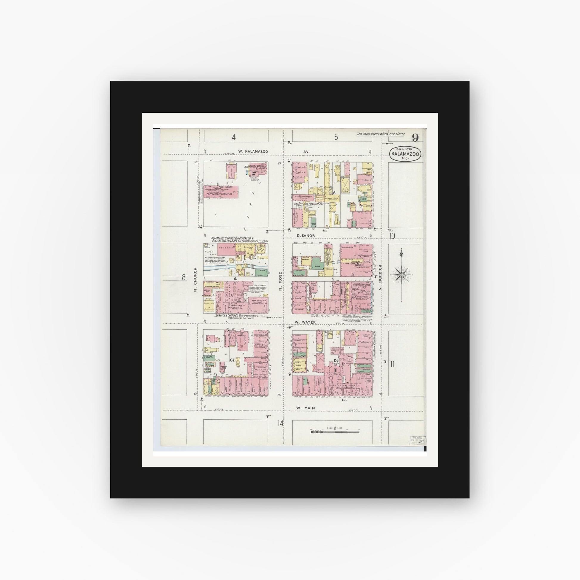 Old map wall art mockup — black gallery frame with white mat — Sanborn Fire Insurance Map from Kalamazoo, Kalamazoo County, Michigan (1896), Sheet #0009