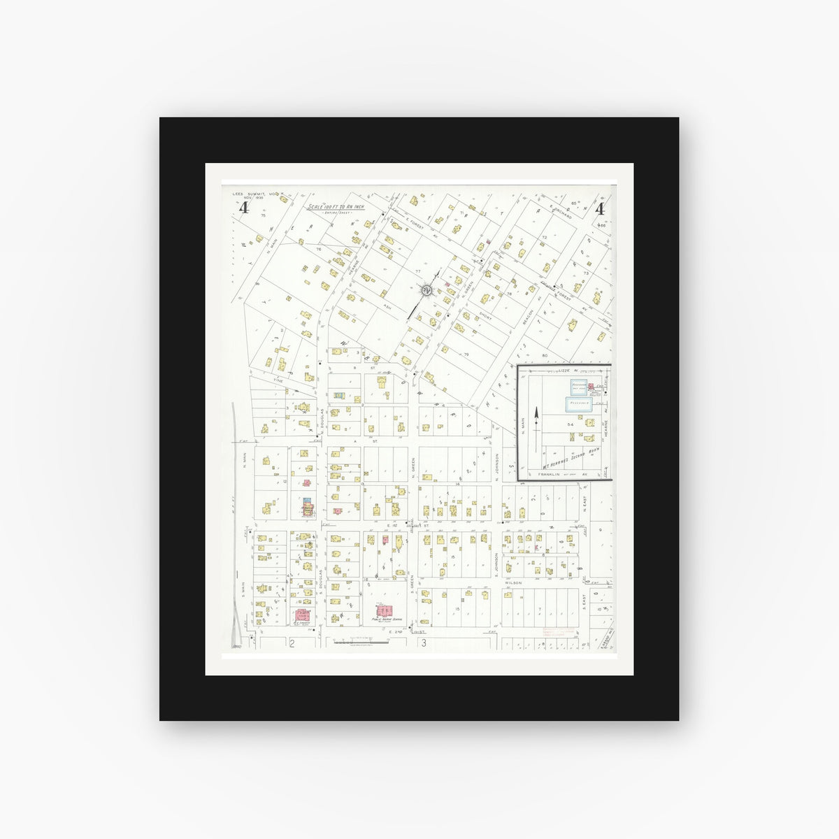 Old map wall art mockup — black gallery frame with white mat — Sanborn Fire Insurance Map from Lee's Summit, Jackson County, Missouri (1935), Sheet #0004