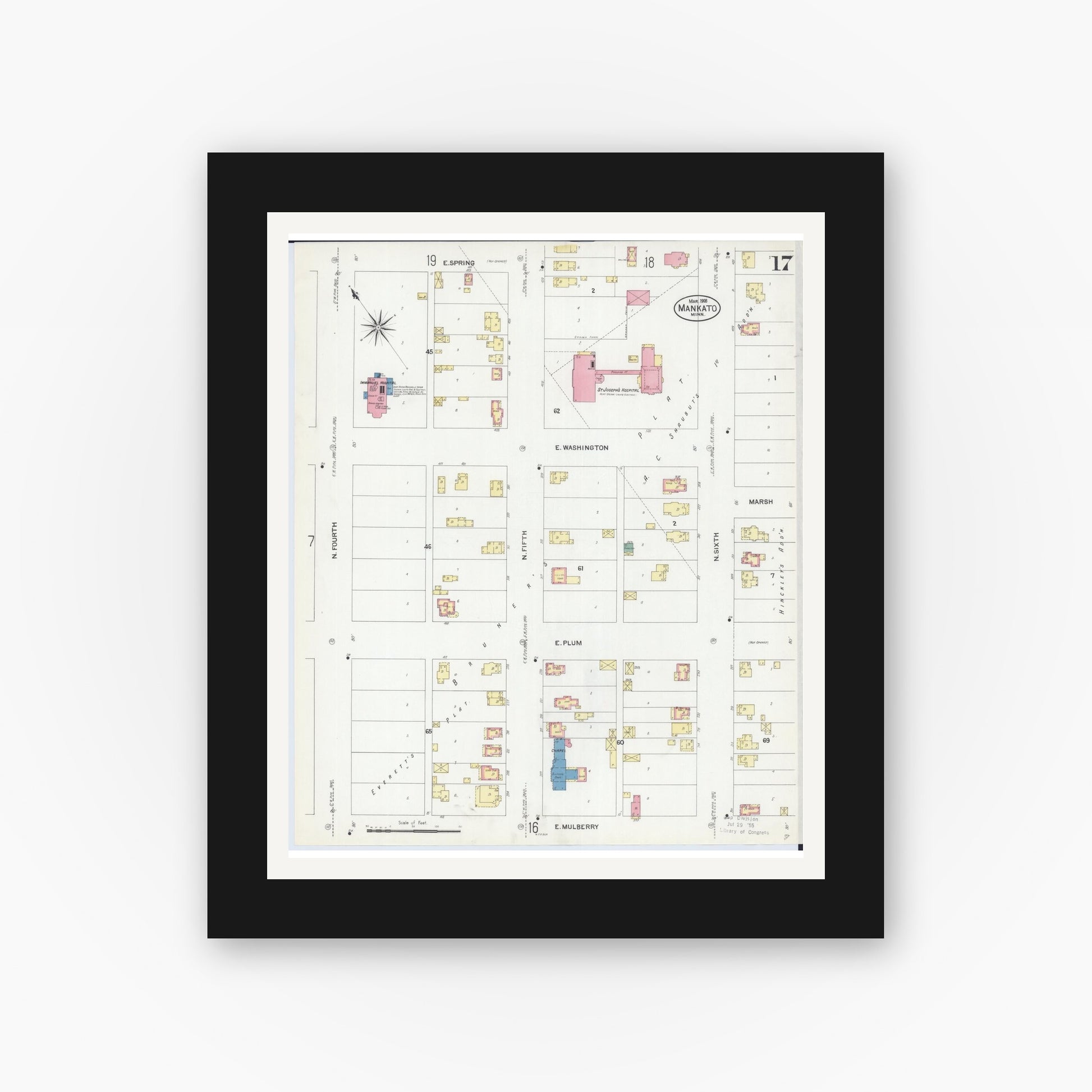 Old map wall art mockup — black gallery frame with white mat — Sanborn Fire Insurance Map from Mankato, Blue Earth County, Minnesota (1908), Sheet #0017