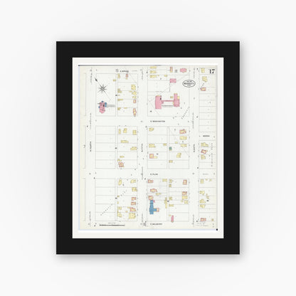 Old map wall art mockup — black gallery frame with white mat — Sanborn Fire Insurance Map from Mankato, Blue Earth County, Minnesota (1908), Sheet #0017