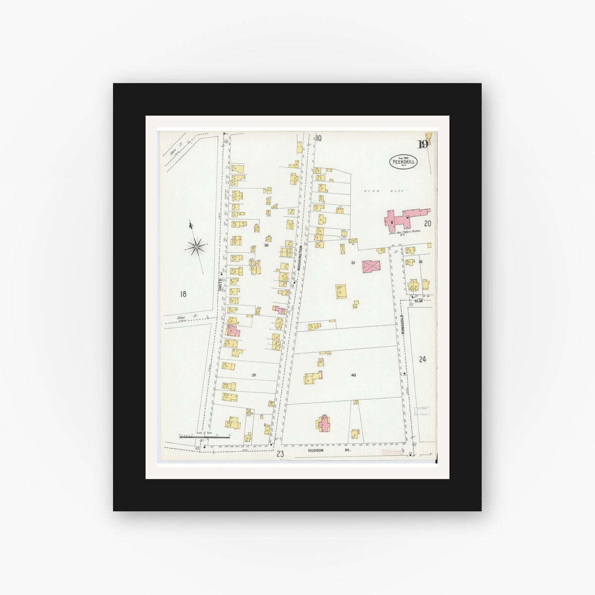 Old map wall art mockup — black gallery frame with white mat — Sanborn Fire Insurance Map from Peekskill, Westchester County, New York (1900), Sheet #0019