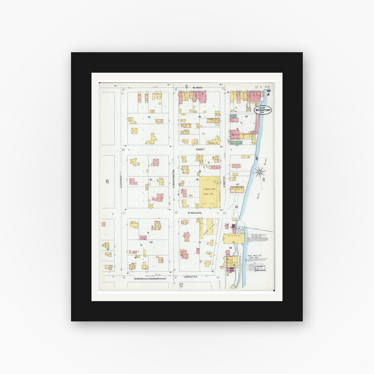 Old map wall art mockup — black gallery frame with white mat — Sanborn Fire Insurance Map from Watertown, Jefferson County, Wisconsin (1901), Sheet #0007