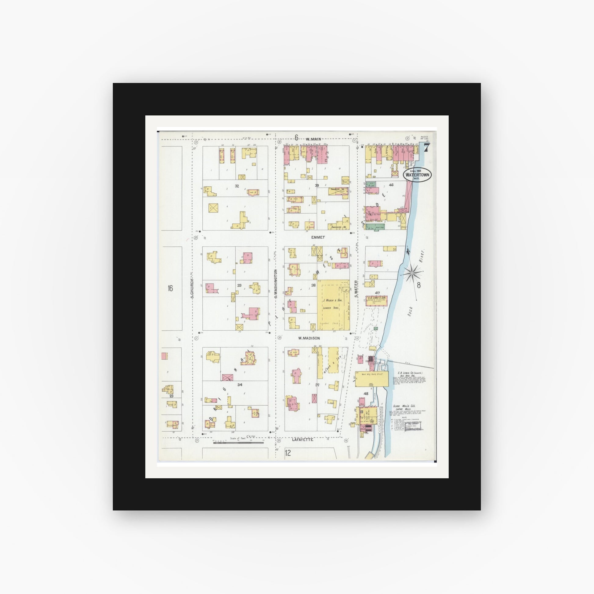 Old map wall art mockup — black gallery frame with white mat — Sanborn Fire Insurance Map from Watertown, Jefferson County, Wisconsin (1901), Sheet #0007