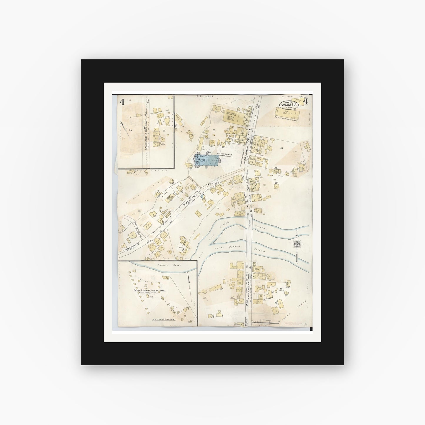 Old map wall art mockup — black gallery frame with white mat — Sanborn Fire Insurance Map from Waialua, Honolulu County, Hawaii (1957), Sheet #0004