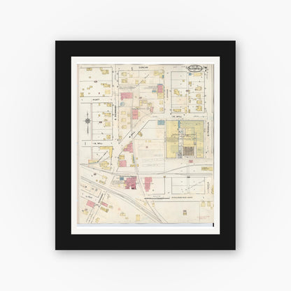 Old map wall art mockup — black gallery frame with white mat — Sanborn Fire Insurance Map from Bloomfield, Greene County, Indiana (1940), Sheet #0007