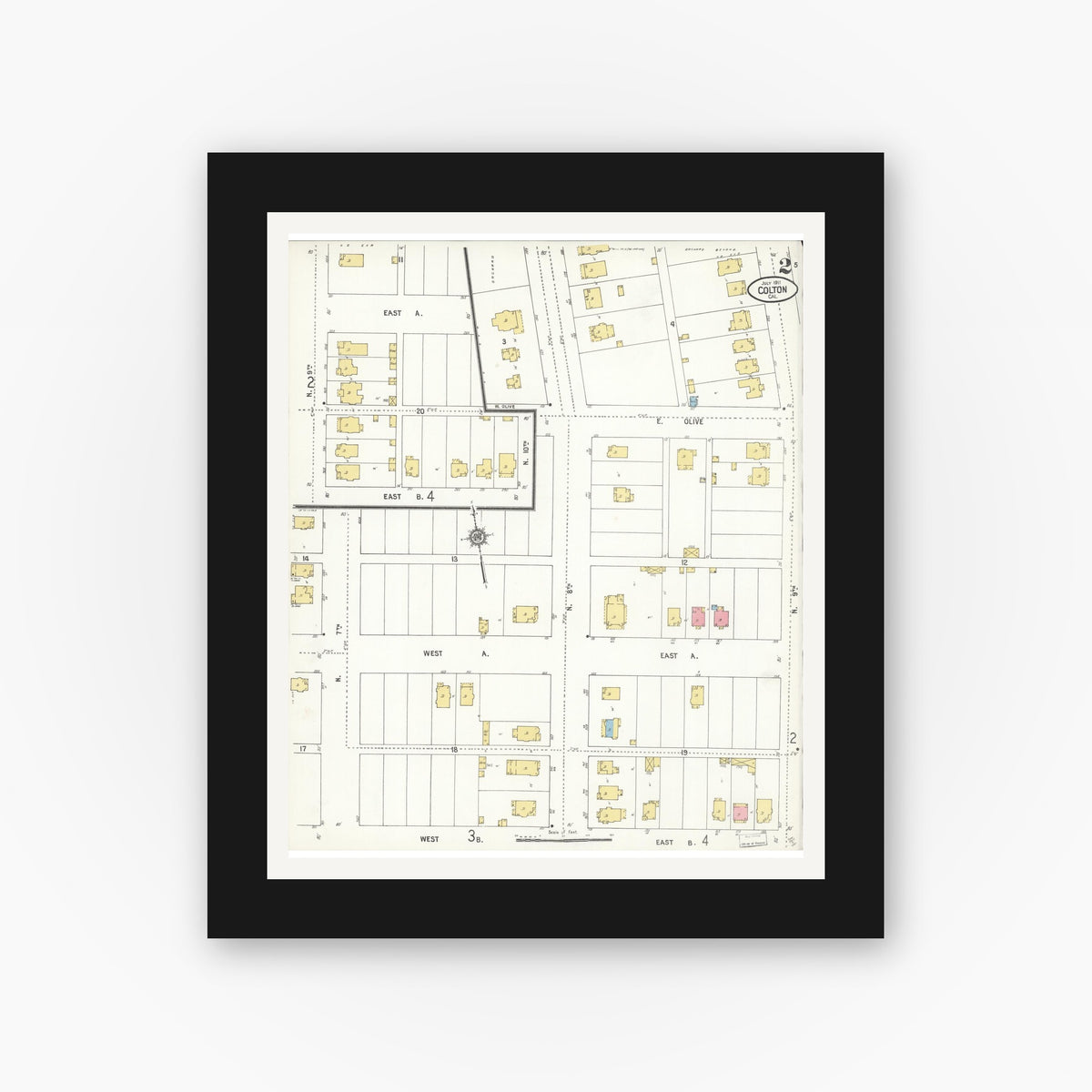 Old map wall art mockup — black gallery frame with white mat — Sanborn Fire Insurance Map from Colton, San Bernardino County, California (1911), Sheet #0002