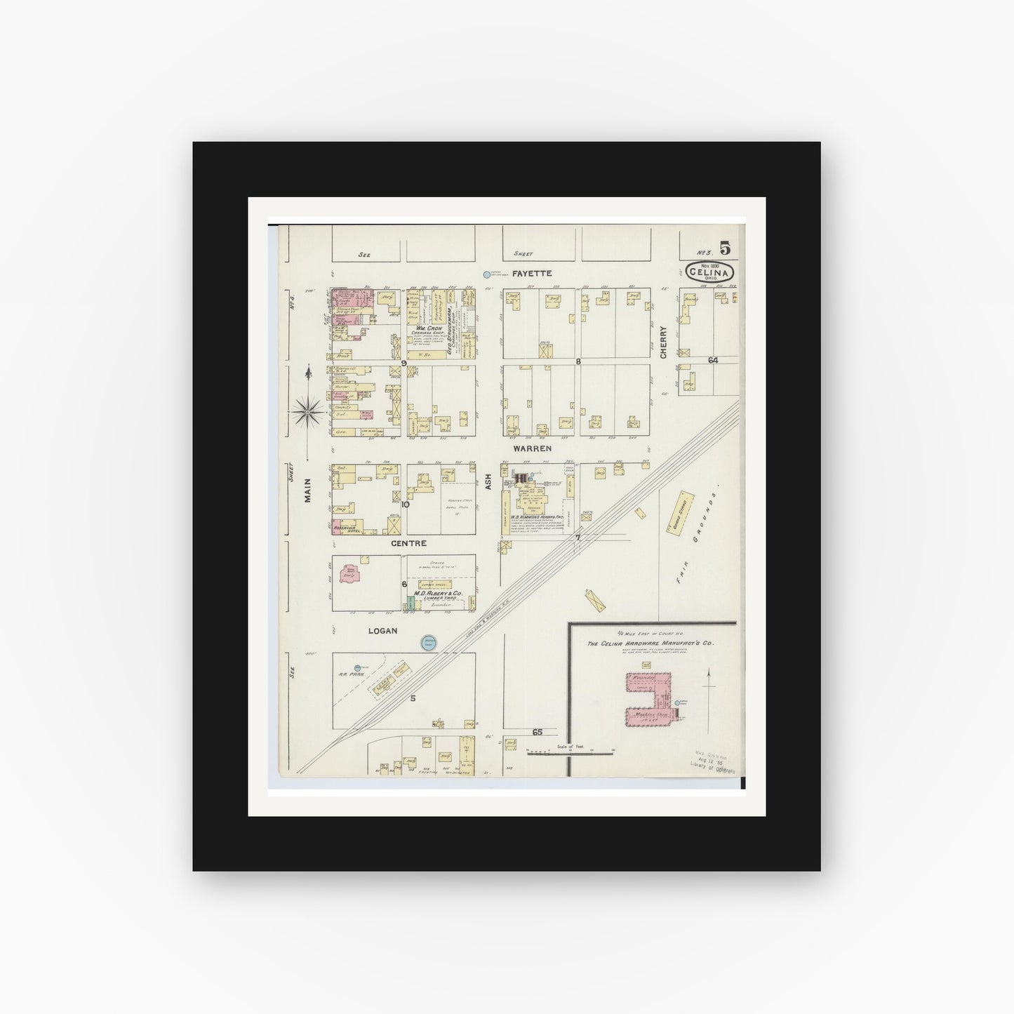 Old map wall art mockup — black gallery frame with white mat — Sanborn Fire Insurance Map from Celina, Mercer County, Ohio (1890), Sheet #0005