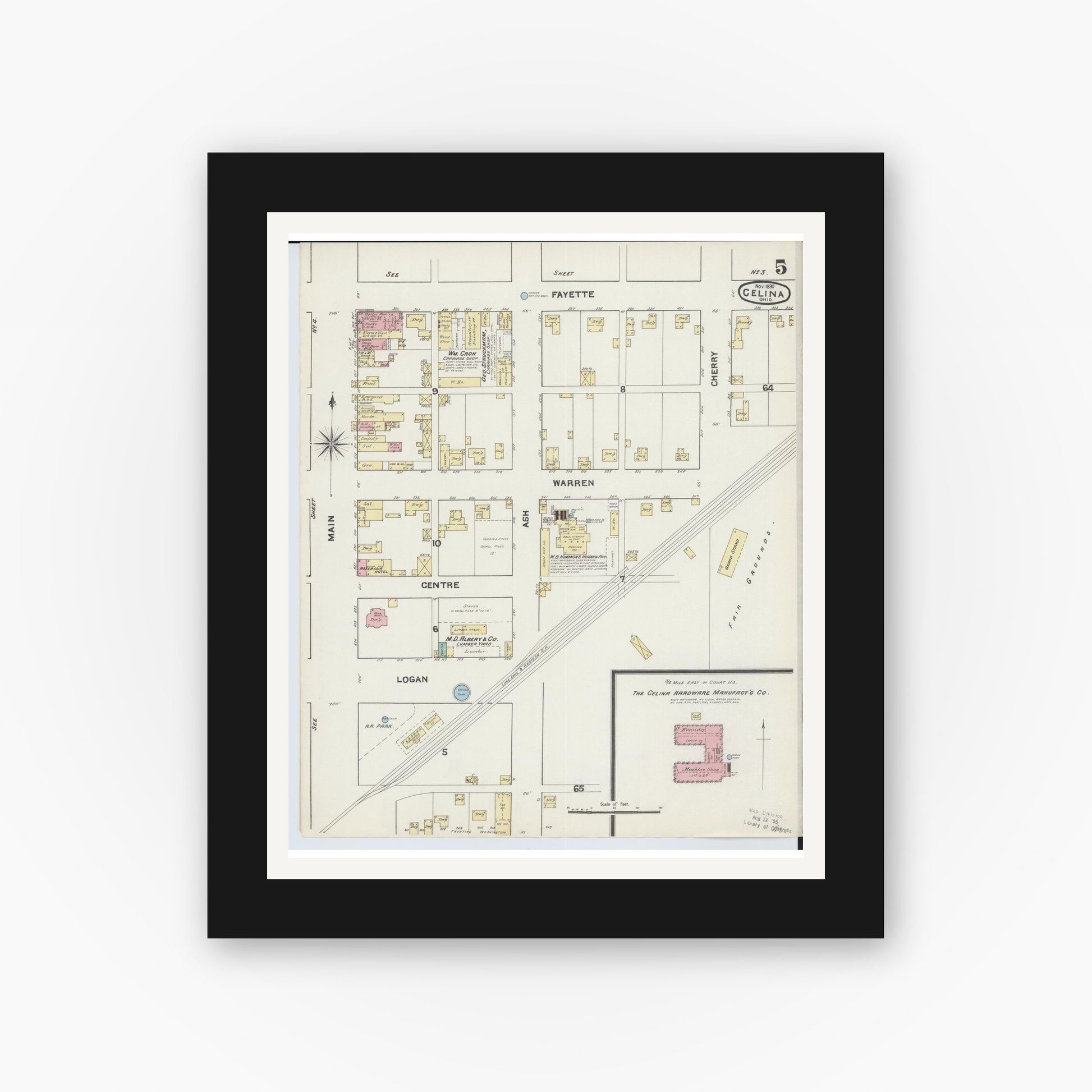 Old map wall art mockup — black gallery frame with white mat — Sanborn Fire Insurance Map from Celina, Mercer County, Ohio (1890), Sheet #0005