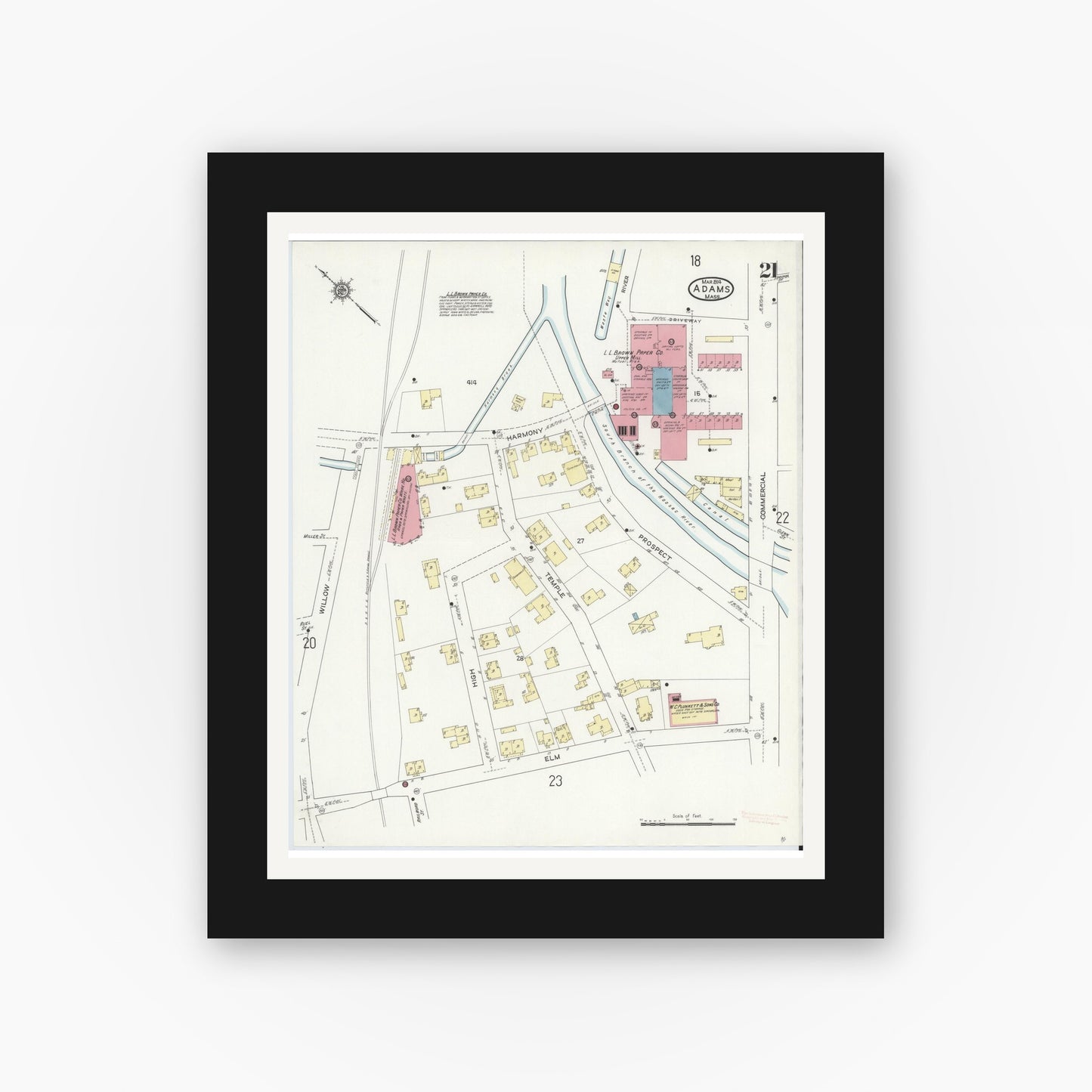 Old map wall art mockup — black gallery frame with white mat — Sanborn Fire Insurance Map from Adams, Berkshire County, Massachusetts (1914), Sheet #0021