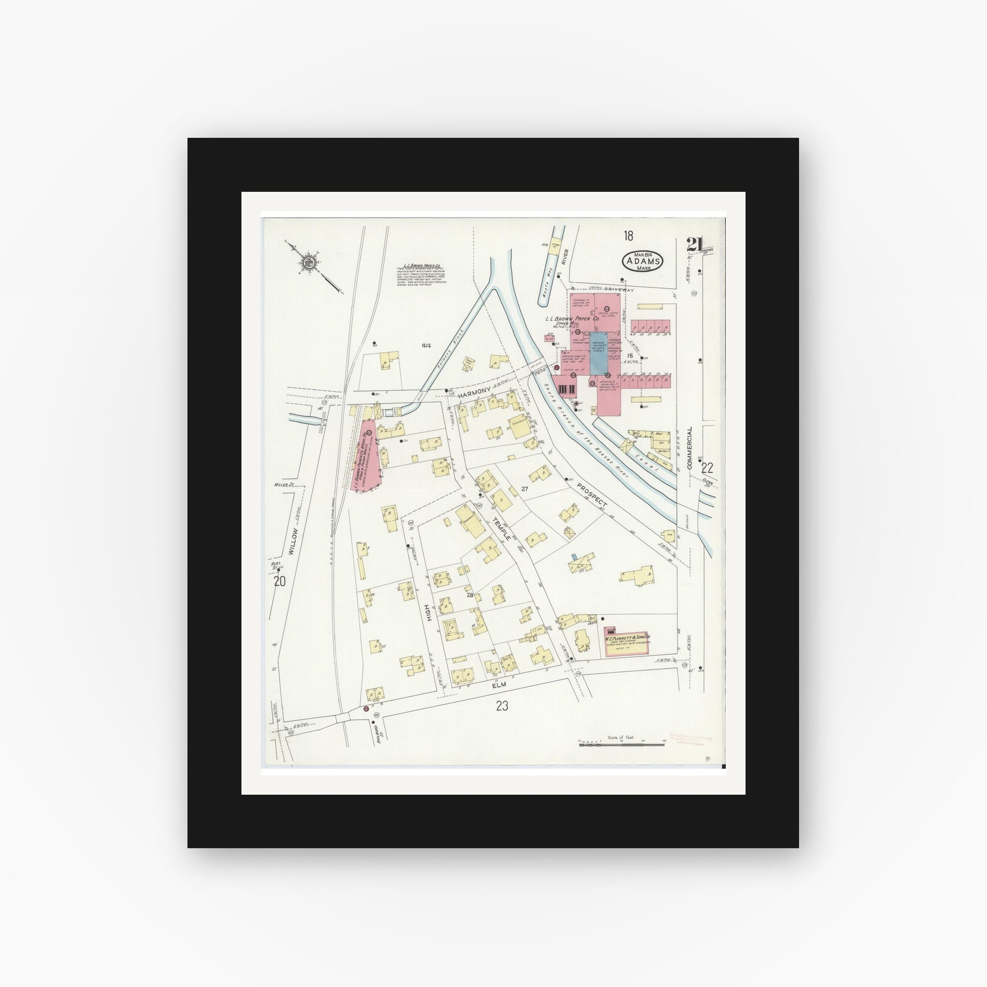 Old map wall art mockup — black gallery frame with white mat — Sanborn Fire Insurance Map from Adams, Berkshire County, Massachusetts (1914), Sheet #0021