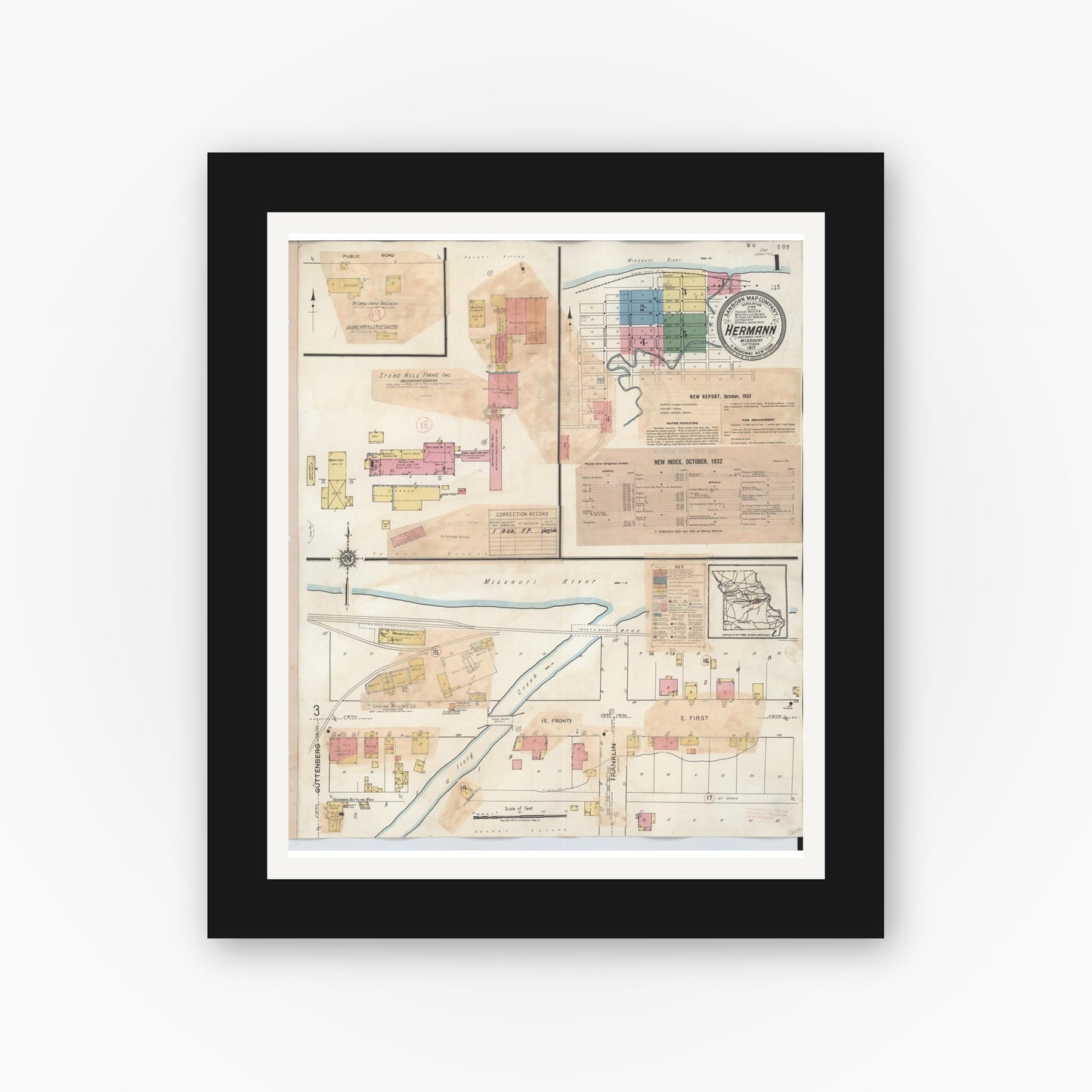 Old map wall art mockup — black gallery frame with white mat — Sanborn Fire Insurance Map from Hermann, Gasconade County, Missouri (1932) - Complete Map Set