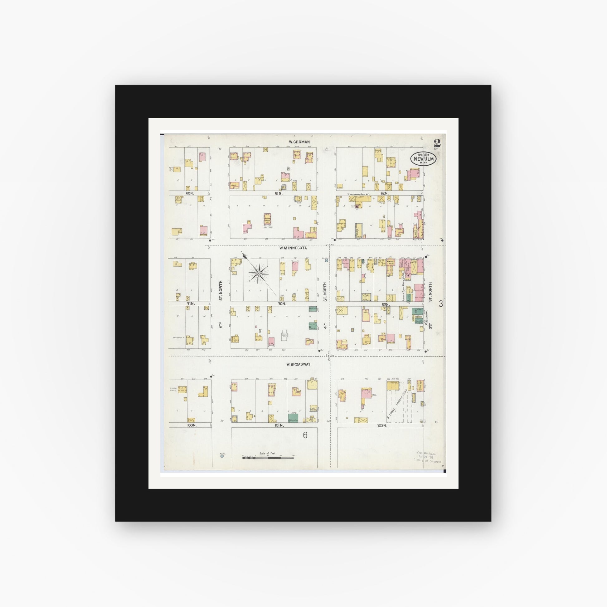 Old map wall art mockup — black gallery frame with white mat — Sanborn Fire Insurance Map from New Ulm, Brown County, Minnesota (1899), Sheet #0002