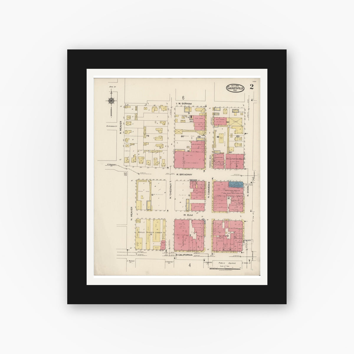 Old map wall art mockup — black gallery frame with white mat — Sanborn Fire Insurance Map from Gainesville, Cooke County, Texas (1922), Sheet #0002