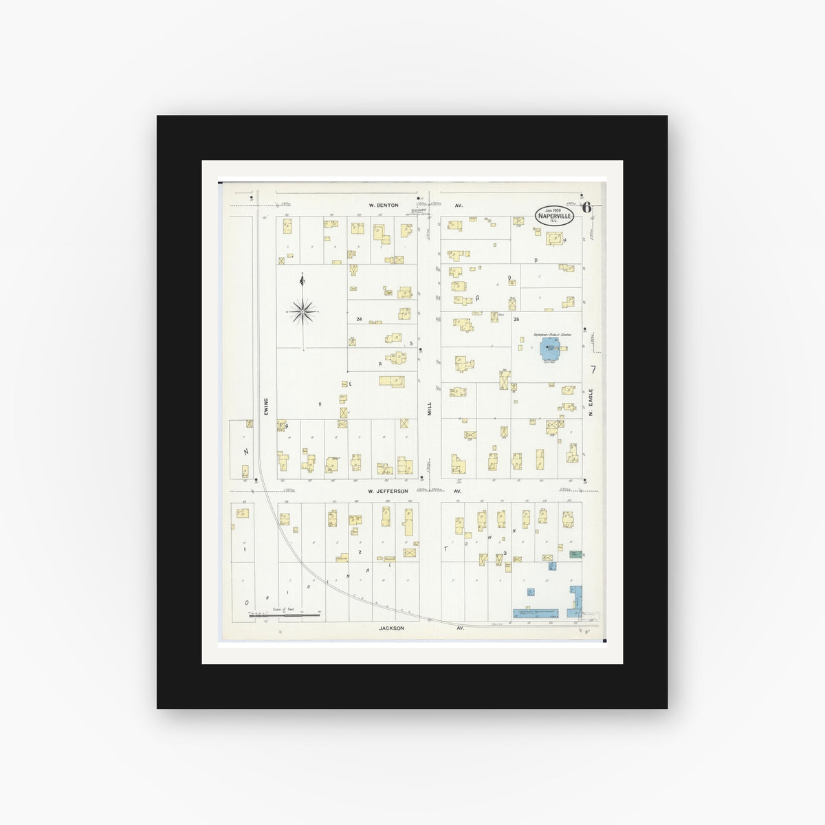 Old map wall art mockup — black gallery frame with white mat — Sanborn Fire Insurance Map from Naperville, Du Page County, Illinois (1909), Sheet #0006