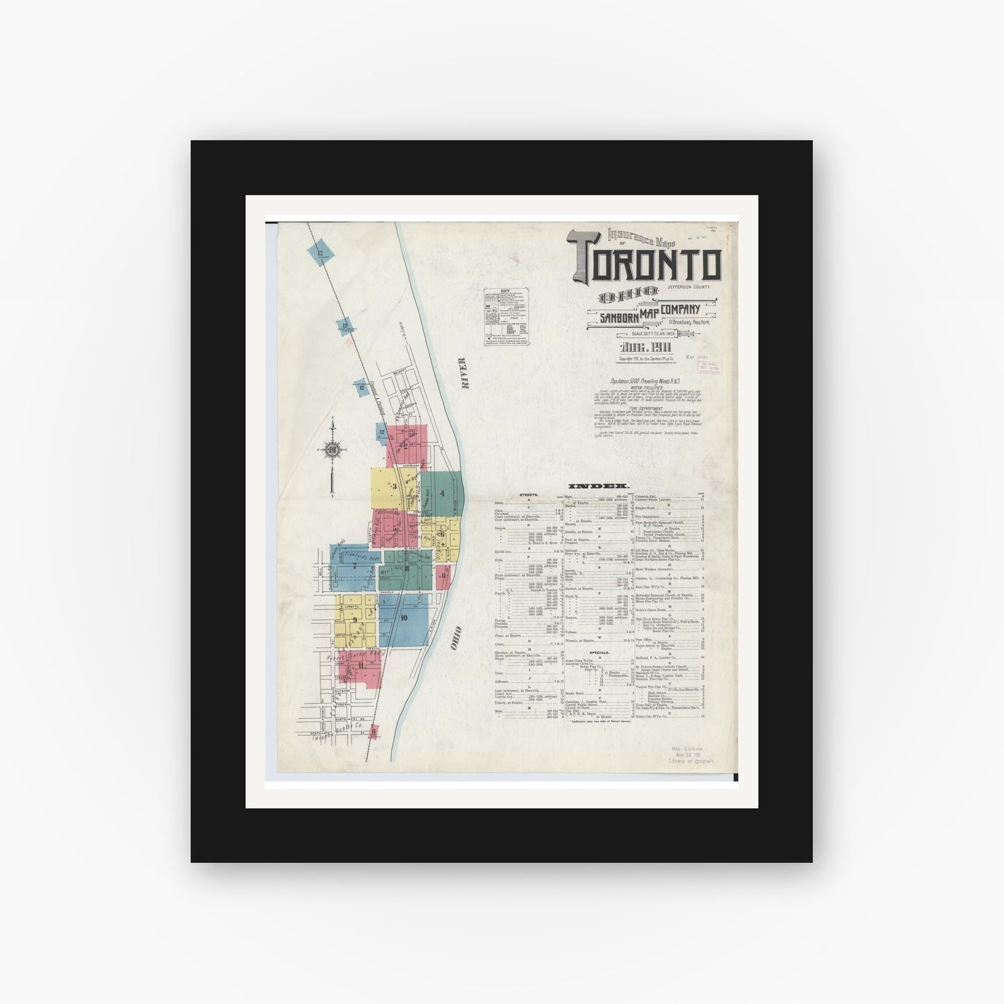 Old map wall art mockup — black gallery frame with white mat — Sanborn Fire Insurance Map from Toronto, Jefferson County, Ohio (1911), Sheet #0001