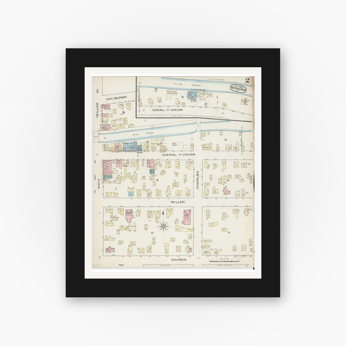 Old map wall art mockup — black gallery frame with white mat — Sanborn Fire Insurance Map from Newark, Wayne County, New York (1885), Sheet #0002